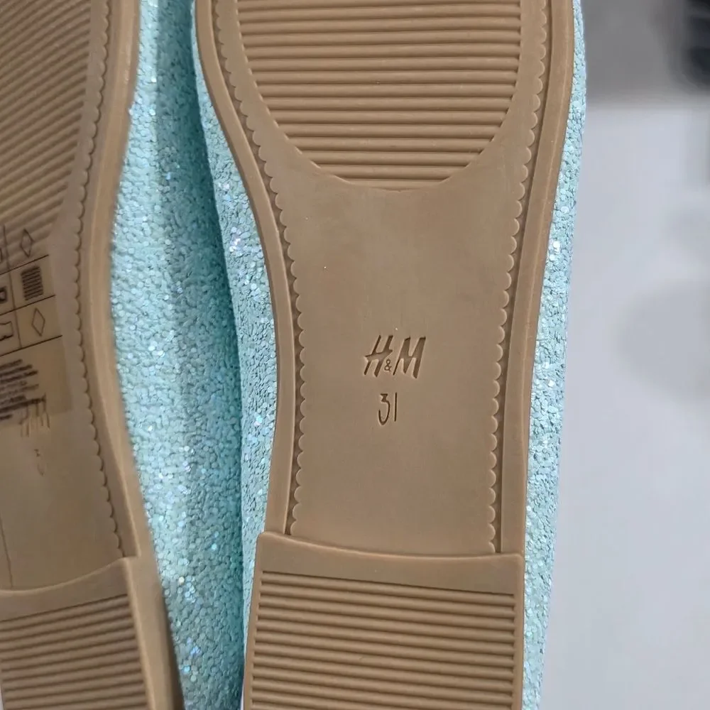 H&M Girls Turquoise Blue Glitter Mary Jane Flats Dress Shoes Size 13.5 NEW